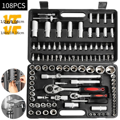108/11-teiliges Schraubenschlüssel-Set aus Kohlenstoffstahl mit Ratschenschlüssel-Stecknuss, metrisch, Verlängerungsstange, für Auto, Fahrradreparatur und Haushaltsgebrauch, beschichtete Struktur, vormontiert, manuell, inklusive Aufbewahrungsbox, Werkzeug