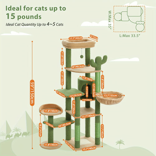 Pawz Road Cactus Katzenbaum Turm, ein perfektes Weihnachtsgeschenk für Katzen, mit Klettern und Sprungbereichen im Innenbereich, einer weichen, gemütlichen Hängematte, einem Condo in Grün, natürlichem Sisal und Kratzbäumen, mit einer Höhe von 150 cm