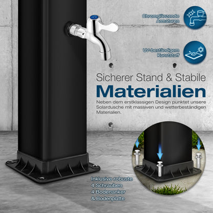 tillvex® Solardusche 20 - 60 Liter inkl. Abdeckung Solar Gartendusche Solar für draußen Pooldusche Komplettset warmes Wasser Camping ohne Stromanschluss mit Wasserhahn Gartenschlauch-Anschluss