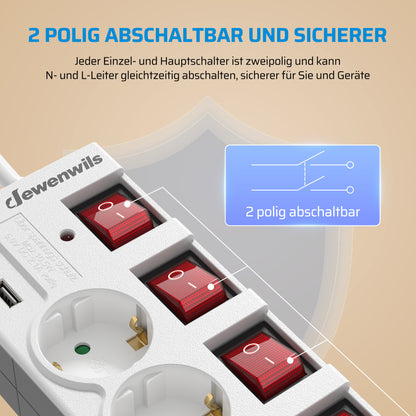 Steckdosenleiste Einzeln Schaltbar mit USB, 6Fach Steckdosenleiste mit Schalter, Mehrfachsteckdose mit Überlastschutz, Kindersicherung, 90° Gedreht, 2M/3M, Weiß/Schwarz