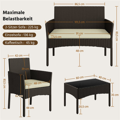Costoffs 4-er Balkonmöbel Set Gartenmöbel Set Terassenmöbel Außen aus Polyrattan mit 2er Sofa 2 Stühle Tisch und Sitzkissen für Garten Terrasse Balkon