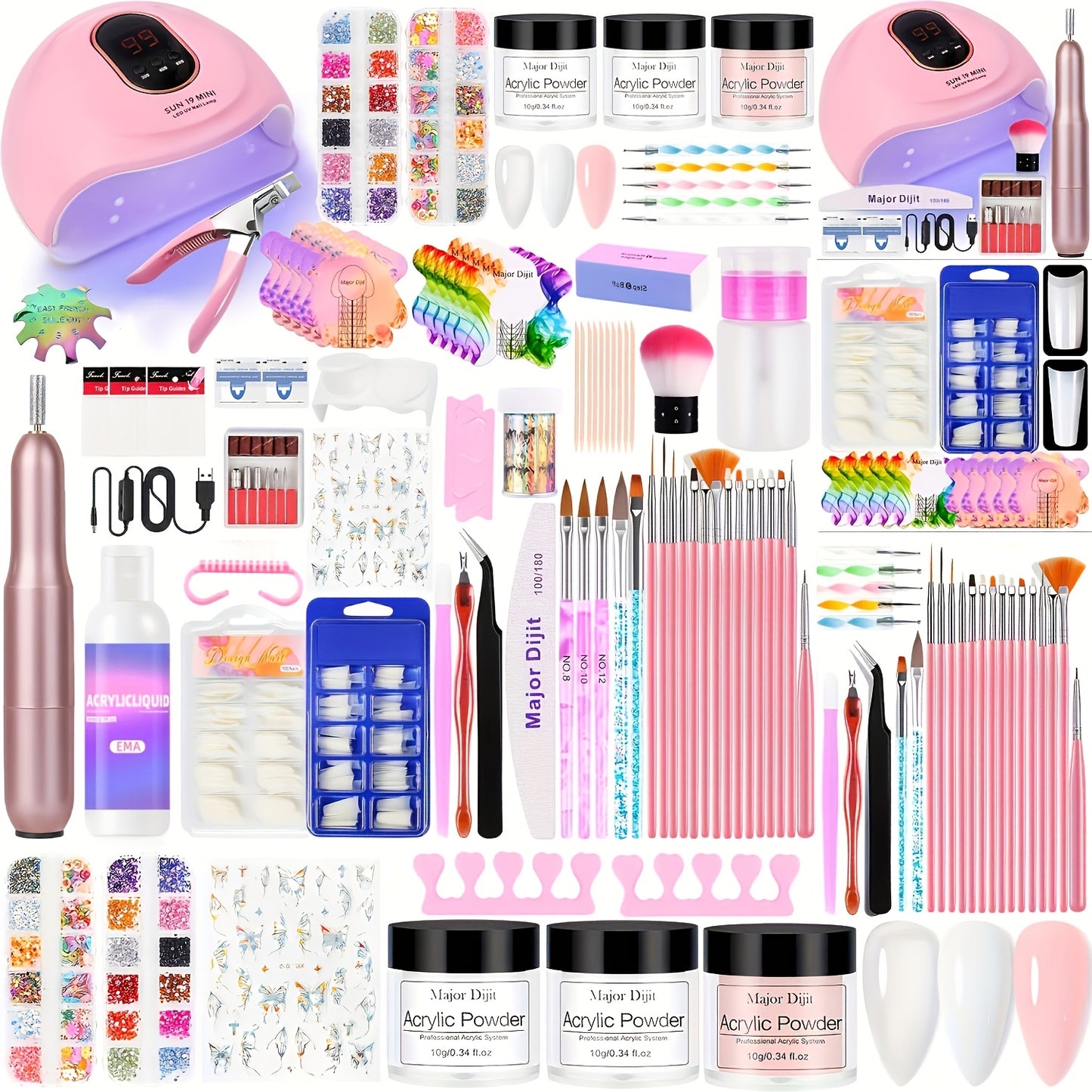 Komplettes Acrylnagel-Set mit LED-Lampe & Nagelfräsmaschine - LED-System, passend für Nagel, Puder & Flüssigkeit für DIY-Maniküre/Pediküre, anfängerfreundliches komplettes Nagelsystem in Klar/Weiß/Nude