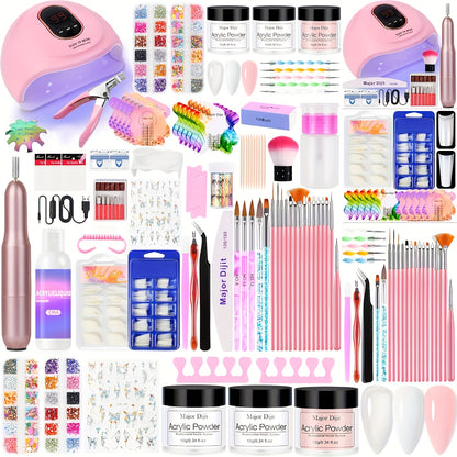 Komplettes Acrylnagel-Set mit LED-Lampe & Nagelfräsmaschine - LED-System, passend für Nagel, Puder & Flüssigkeit für DIY-Maniküre/Pediküre, anfängerfreundliches komplettes Nagelsystem in Klar/Weiß/Nude