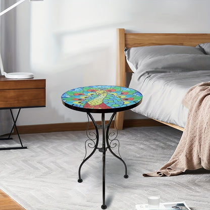 1 Stk. Glas-Hofbeistelltisch, Gartentisch mit Libellen-, Schmetterlings-  Pfauen-Design, rein handgefertigter Mini-Tisch