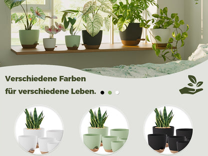 Bamworld Kunststoff-Blumentöpfe mit Untersetzern  Drainagelöchern, selbstbewässernde Pflanzentöpfe für den Innenbereich, 6er-Set, 12,7/14/15,2/16,5/17,8/20,3 cm für Fensterbank-Gartendeko im Freien (Schwarz ), Gartengeschenk, Heimdeko