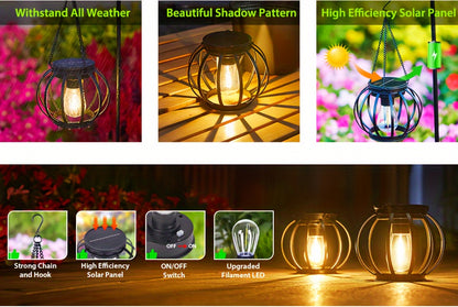 4/2er Pack Metall Solar Außenleuchten, Schwarz & Bronze Hängende Solar Laternen mit größerer LED-Glühbirne, Solarleuchten Gartendekoration für Terrasse, Rasen, Balkon, Hof  Garten, IPX5
