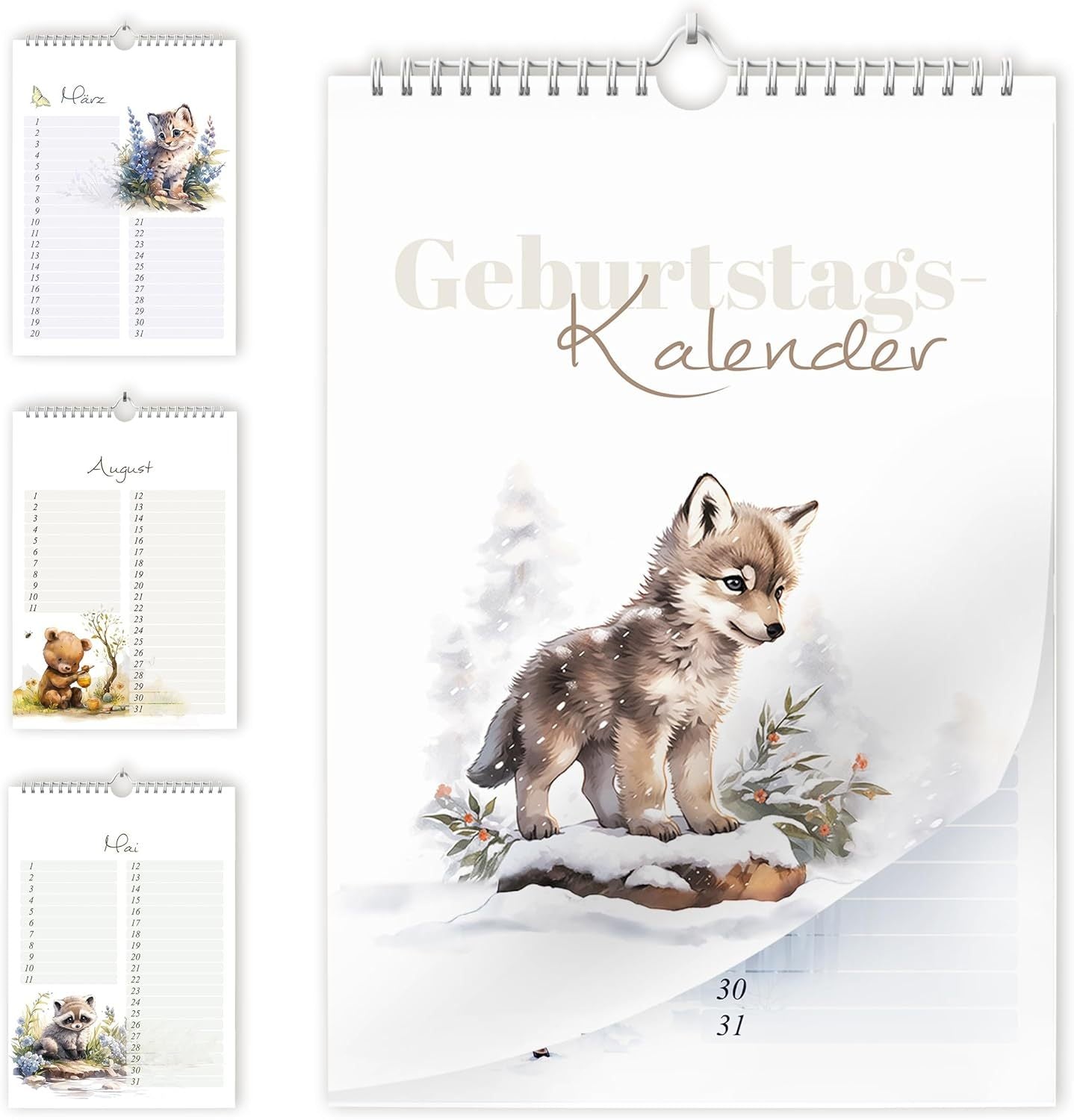 Geburtstagskalender undatiert Geburtstagsplaner Wandkalender A5 immerwährend Jahresunabhängig Kalender Geburtstagsübersicht zum Aufhängen Tier Design in zartem Aquarell Waldtieren Tiere