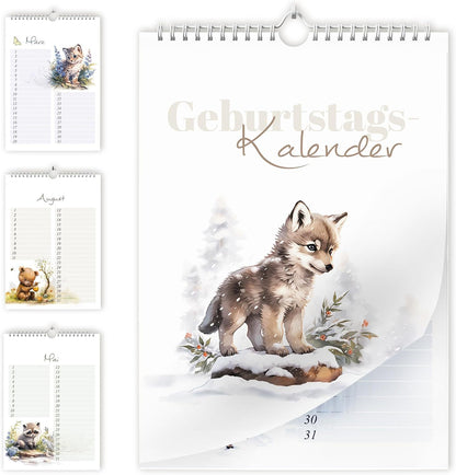 Geburtstagskalender undatiert Geburtstagsplaner Wandkalender A5 immerwährend Jahresunabhängig Kalender Geburtstagsübersicht zum Aufhängen Tier Design in zartem Aquarell Waldtieren Tiere