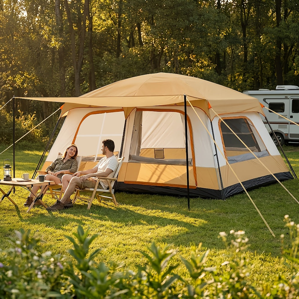 Tragbares Familien-Campingzelt für 4-6 Personen, Zwei-Fach-Layout mit abnehmbaren Trennwänden  ausziehbarem Sonnensegel, geeignet für Familienausflüge oder Treffen mit Freunden, schneller Aufbau  einfache Lagerung, 320x210x180cm
