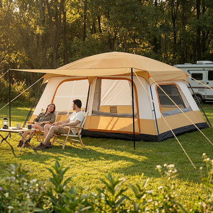 Tragbares Familien-Campingzelt für 4-6 Personen, Zwei-Fach-Layout mit abnehmbaren Trennwänden  ausziehbarem Sonnensegel, geeignet für Familienausflüge oder Treffen mit Freunden, schneller Aufbau  einfache Lagerung, 320x210x180cm