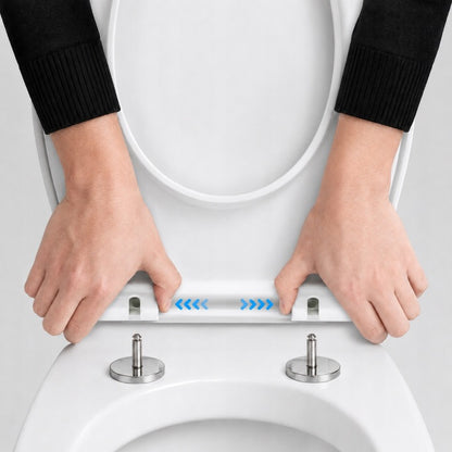 Fällender WC-Sitz mit starken Scharnieren, Universal WC-Sitz mit Soft-Close-System. Universal PP Sitz mit Schnellverschlussfunktion mit einem Knopf. Robuste Sanitär-Scharniere für hängende und stehende WC-Bowlens. WC-Sitz mit Edelstahl Inox Montage. Schne