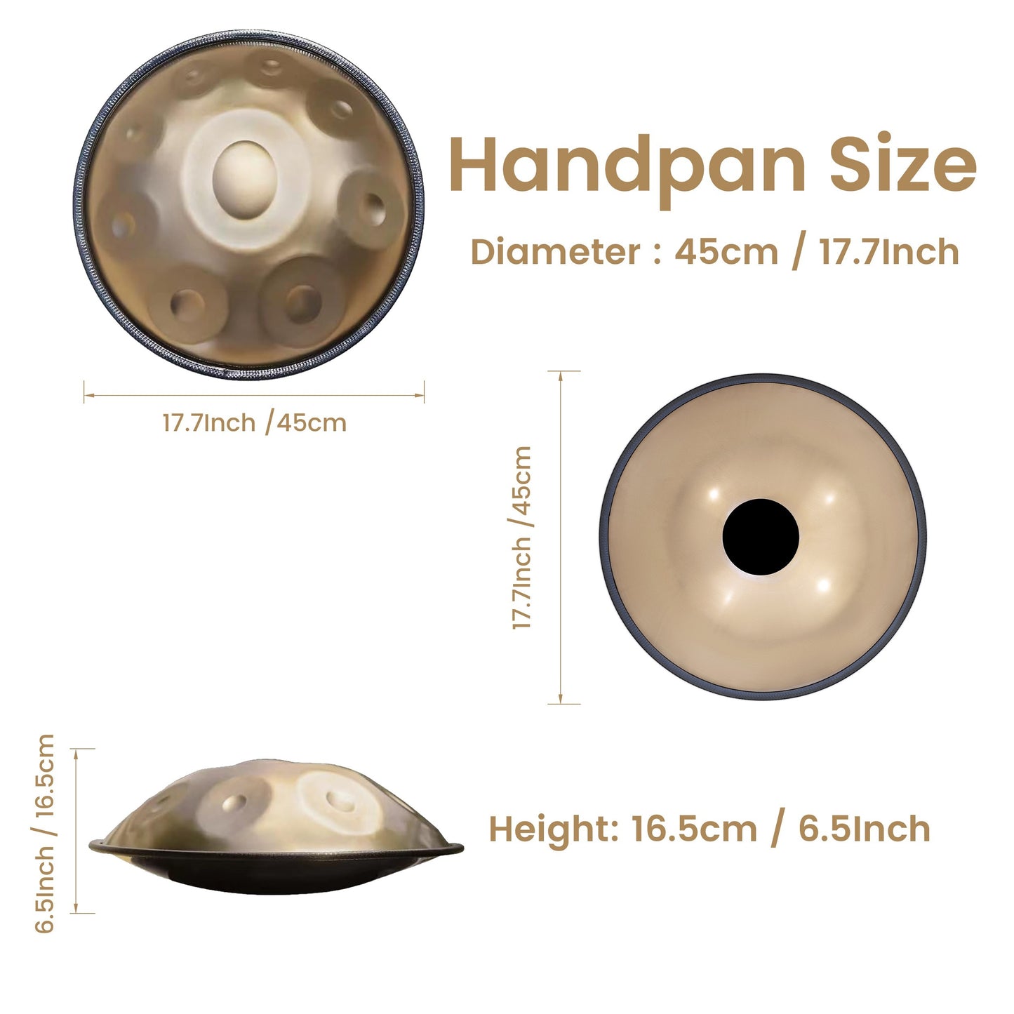 GLADFRESIT Handpan "Golden Performer" 45.72 cm 9 Töne 440 Hz/432Hz in G-Moll mit Handpan-Ständer, Handpan-Tasche, robusten Schlägeln und staubfreiem Tuch