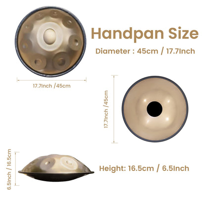 GLADFRESIT Handpan "Golden Performer" 45.72 cm 9 Töne 440 Hz/432Hz in G-Moll mit Handpan-Ständer, Handpan-Tasche, robusten Schlägeln und staubfreiem Tuch