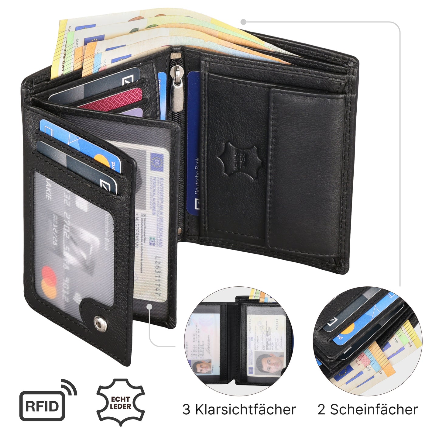 Leder Geldbörse Herren Portemonnaie RFID 10 Kartenfächer Hochformat EAAKIE Geldbeutel Echtleder Schwarz Maße : 12 x 9,5 x 2 cm