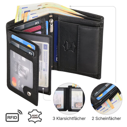 Leder Geldbörse Herren Portemonnaie RFID 10 Kartenfächer Hochformat EAAKIE Geldbeutel Echtleder Schwarz Maße : 12 x 9,5 x 2 cm