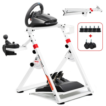 Lenkradständer für Lenkrad Gaming Wheel Stand Racing Lenkradständer mit V1 V2 Schalthebelhalterung, integriertem Getränkehalter, neigungsverstellbarem Gestell