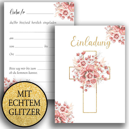 10 Einladungskarten mit Umschlag Einladung Glitzer zweiseitig Karten stilvoll kreuz Aquarell zart zur Taufe Kommunion Konfirmation Firmung Rosen Rosa Weiß Mädchen zum selbst gestalten Glitzer