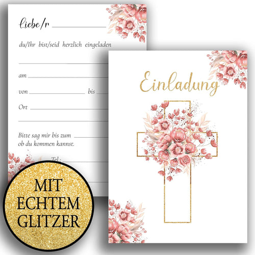 10 Einladungskarten mit Umschlag Einladung Glitzer zweiseitig Karten stilvoll kreuz Aquarell zart zur Taufe Kommunion Konfirmation Firmung Rosen Rosa Weiß Mädchen zum selbst gestalten Glitzer