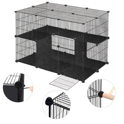 Außen-/Kaninchengehege geeignet für Meerschweinchen, Hamster, Katzen & Kleintiere – Robustes Drahtgitter-Gehege mit Bodeneinsätzen, geräumiger schwarz-weiß-grauer Rahmen, Zusammenbau – (105x70x70cm)