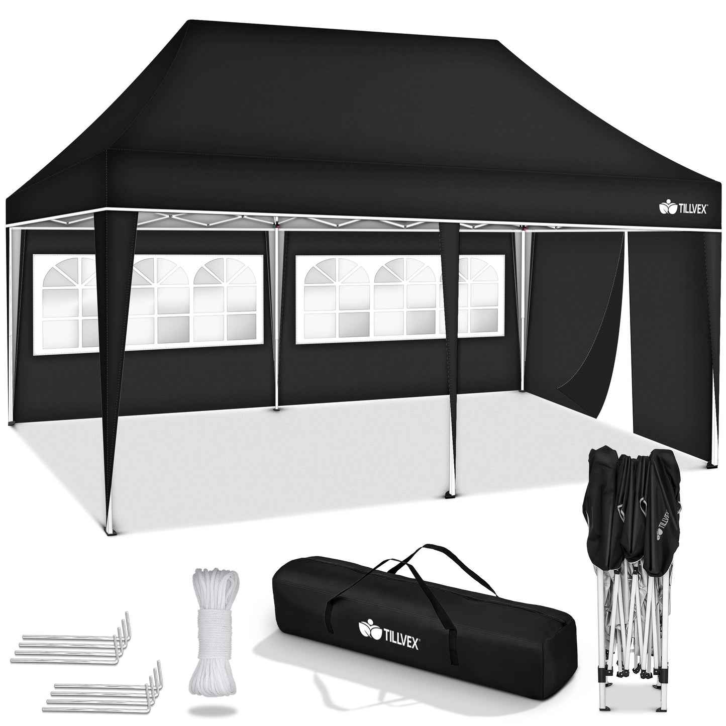tillvex® Pavillon 3x6m Faltbar + 6x Sandsäcke | Pop-Up Faltpavillon Höhenverstellbar, Winterfest | Gartenzelt Stabil mit und ohne Seitenwänden UV Schutz 50+ | Partyzelt Wasserdicht mit Tasche für Garten