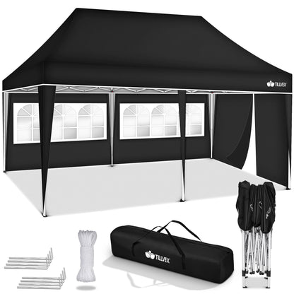 tillvex® Pavillon 3x6m Faltbar + 6x Sandsäcke | Pop-Up Faltpavillon Höhenverstellbar, Winterfest | Gartenzelt Stabil mit und ohne Seitenwänden UV Schutz 50+ | Partyzelt Wasserdicht mit Tasche für Garten