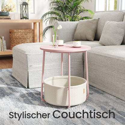 Couchtisch klein,Beistelltisch rund, kleiner Tisch, Wohnzimmertisch mit Stoffkorb, Stauraum für Wohnzimmer Schlafzimmer