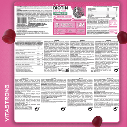 Vitastrong Biotinkomplex Vegan, 120 Gummibärchen, Zuckerfreies Nahrungsergänzungsmittel mit Biotin, Vitamin C, Vitamin E, Zink, Vitamin B6, Folsäure, Selen und Jod