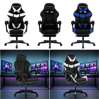 Ergonomischer Gaming-Stuhl mit Lendenwirbelstütze, Kopfstütz & Fußauflage – Verstellbarer Bürostuhl für Erwachsene Kinder, Mehrere Farben, Komfortabler Memory-Schaum-Sitz, Stabiles Nylon-Gestell, Ideal für lange Spiele & Arbeitsessions