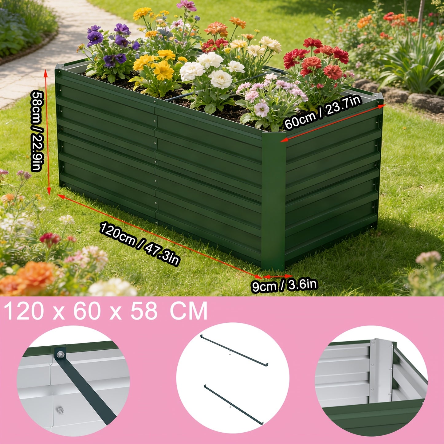 Hochbeet-Set – Pflanzkasten für Gemüse & Blumen im Freien – Rechteckiges Kräuterhochbeet für Garten, Terrasse – Grün/Schwarz/Silbrig – 4 Größen wählbar