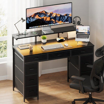 Computer Schreibtisch mit 8 Stoff-Aufbewahrungsschubladen, Schlafzimmer Arbeits-/Büroschreibtisch, 119,38 cm Gaming Schreibtisch mit LED-Beleuchtung und USB-Steckdosen, Home Office Schreibtisch mit Monitorständer, 4 Farben