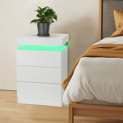 LED Beistelltisch mit 3 Schubladen und 1 Schubladenoberteil, Nachttisch mit 4-seitigem Hochglanz, RGB LED Farben, Beistelltisch Nachttisch für Schlafzimmer Wohnzimmer Wohnmöbel, Weiß