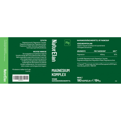 Magnesium Komplex Hochdosiert 400 mg, Pack, 360 vegane Kapseln, 5-in-1 Magnesium mit Glycinat, Citrat, Malat, Taurat und Oxid, 400 mg elementares Magnesium pro Tagesportion