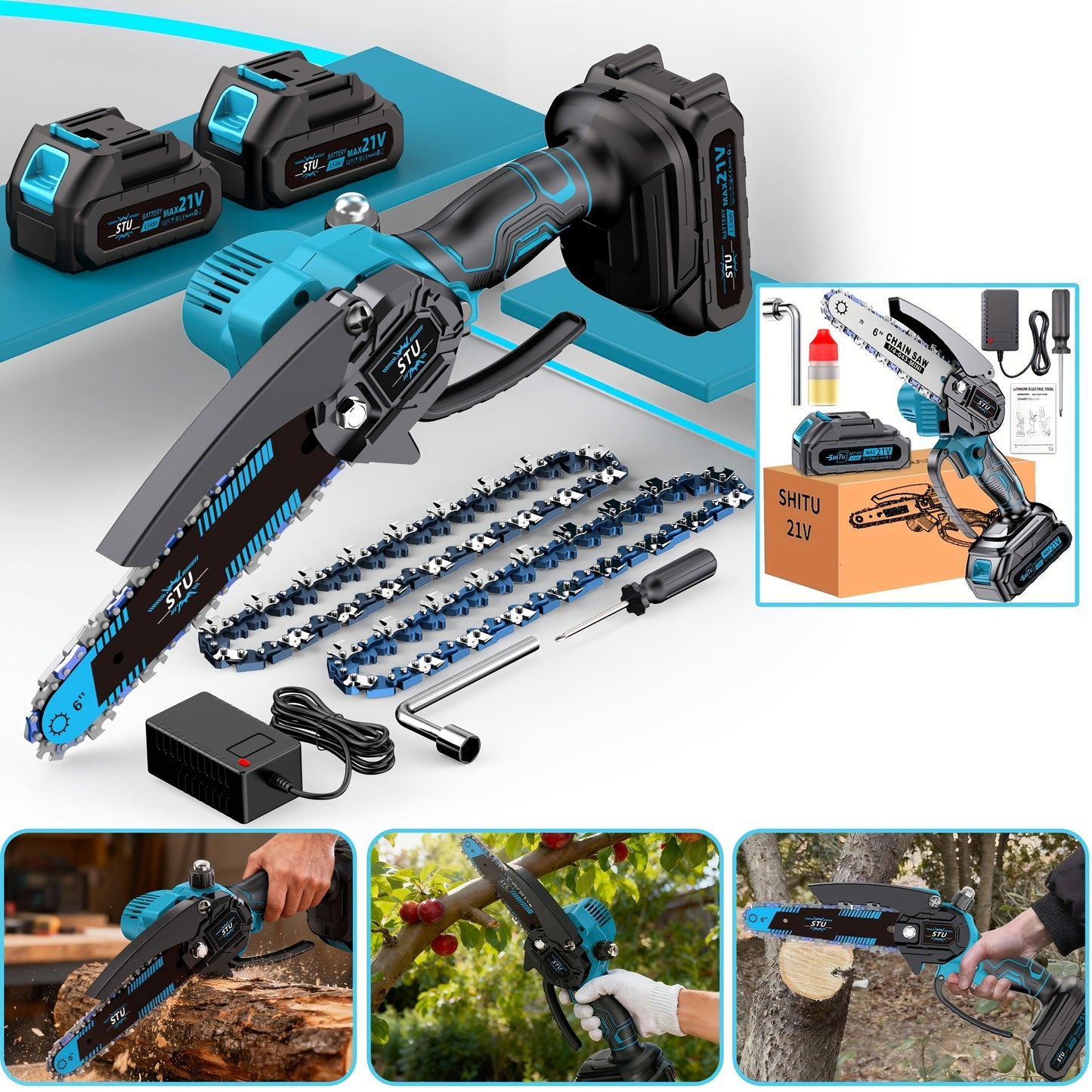 Neu verbesserte kabellose Mini-Kettensäge, Gartensäge, komplette mit Akku und Ladegerät, für Baumschnitt, Holzbearbeitung, Gartenarbeiten und Gartenpflege. Die ideale Wahl für Profis und Hobbybastler. Handgeführte elektrische Säge. Optional.