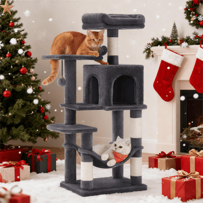 Kratzbaum, mehrstöckiger Katzenbaum mit Höhle, Hängematte und 4 Kratzstämmen