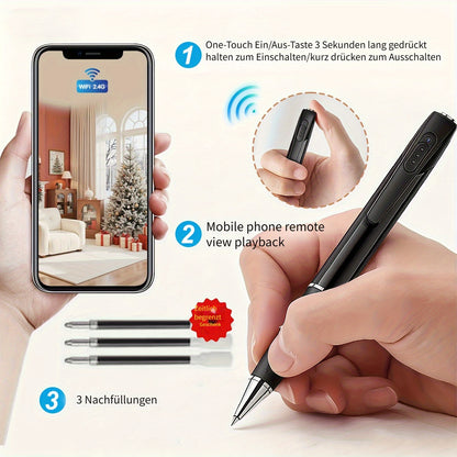 WIFI Stiftkamera mit Bewegungserkennung - 1080P Kamera, Prüfungsaufnahmegerät, 100° Objektiv, APP-Fernsteuerung, 256GB Speicherkarte & 250mAh Akku unterstützt
