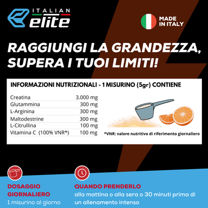 Italian Elite Creatine Extreme, Creatin Pulver mit Glutamin, Arginin, Citrullin, C-Vitamin, Maltodextrin. Pre- und Post-Workout Mono-hydratisiert Mikronisiert.