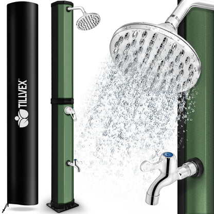 tillvex® Solardusche 20 - 60 Liter inkl. Abdeckung Solar Gartendusche Solar für draußen Pooldusche Komplettset warmes Wasser Camping ohne Stromanschluss mit Wasserhahn Gartenschlauch-Anschluss