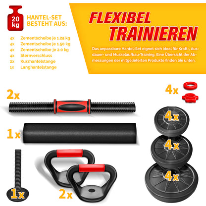 RE:SPORT 2 in 1 Hanteln Set 20 kg | Hantelset verstellbar | Kurzhantel & Langhantel | Sternverschlüsse & Verbindungsrohr