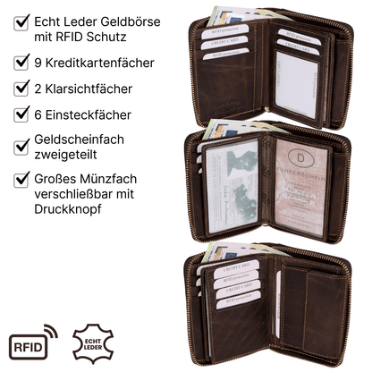 Leder Geldbörse Herren Portemonnaie RFID Hochformat Geldbeutel Echtleder Braun