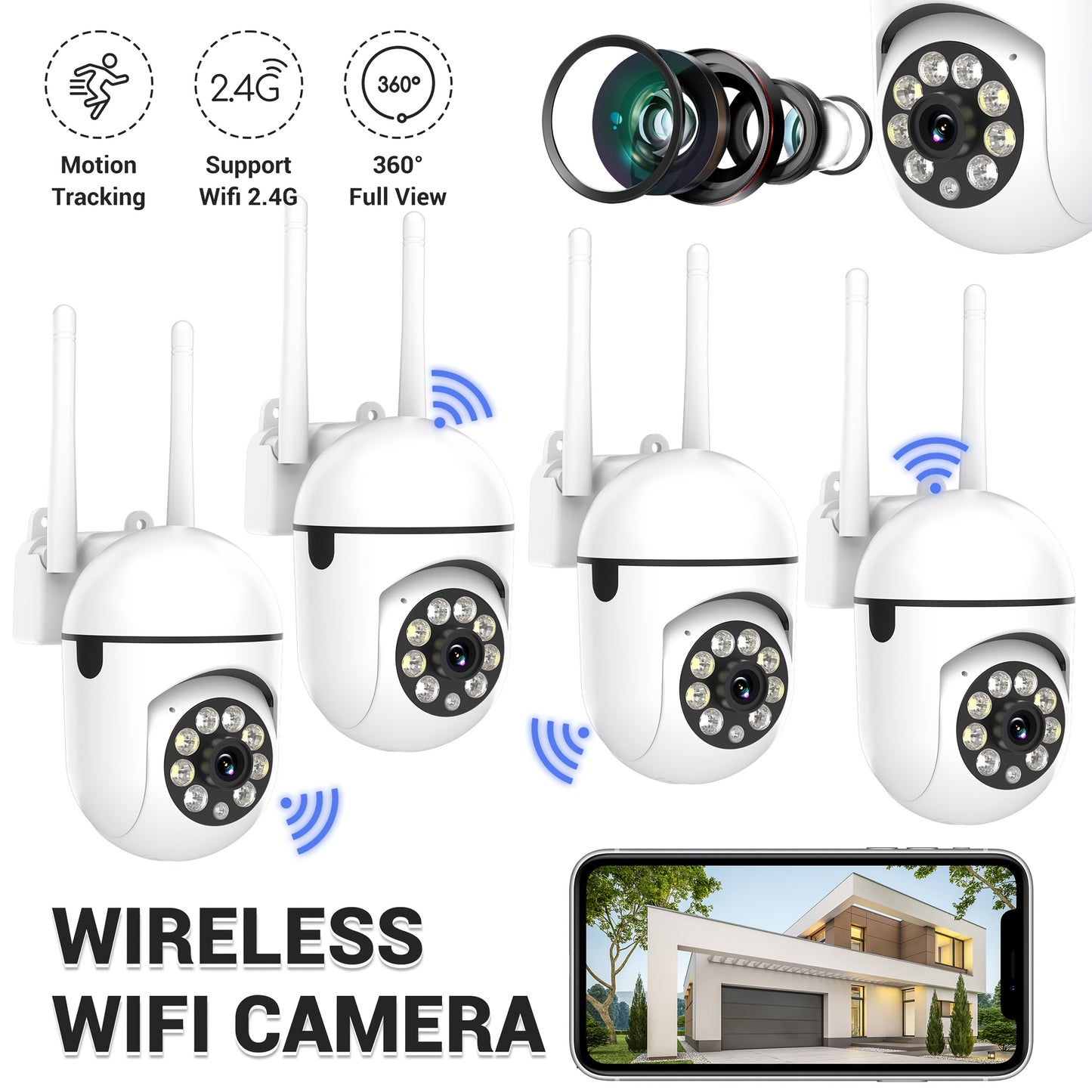 4er-Pack Ease Life App, 1080P Auflösung, kabelloses WLAN 2.4G, mit einer drehbaren 355-Grad Panorama-Kamera mit rundem Nachtsichtmodus, unterstützt Zwei-Wege-Audio, Bewegungserkennungsfunktion, kompatibel mit Smartphones, USB-betrieben