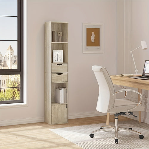 Regal, Vertikales Regal mit Schubladen und Türen, Bücherregal fürs Büro, Wohnzimmer- und Schlafzimmern Stauraum, 30 x 158 x 24 Zentimeter