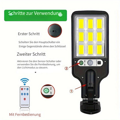 2er-Pack Solar-Straßenlaterne, 108 COB Wandleuchte mit Fernbedienung, Outdoor-Bewegungsmelder LED-Gartenlicht mit 3 Beleuchtungsmodi, Solarsensor Straßenbeleuchtung für Gartemauer Terrasse Hof Wege