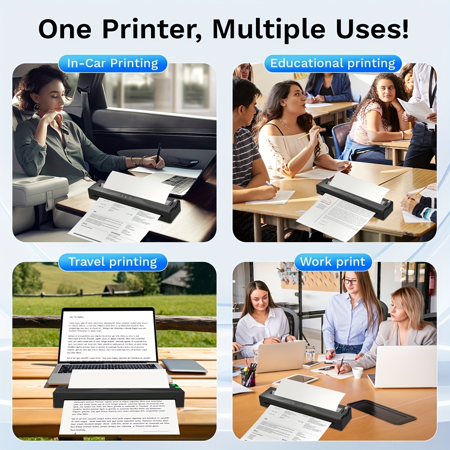 Tragbarer Drucker Kabellos für Reisen, Upgraded Tintenloser Thermischer Kabelloser Mini-Drucker Kompatibel mit Android, IOS & Laptop, Unterstützt 21,59 cm x 27,94 cm US Letter & A4, Kleiner Tragbarer Mobiler Reisedrucker für Zuhause (mit 3 Stück Tattoo-Tr