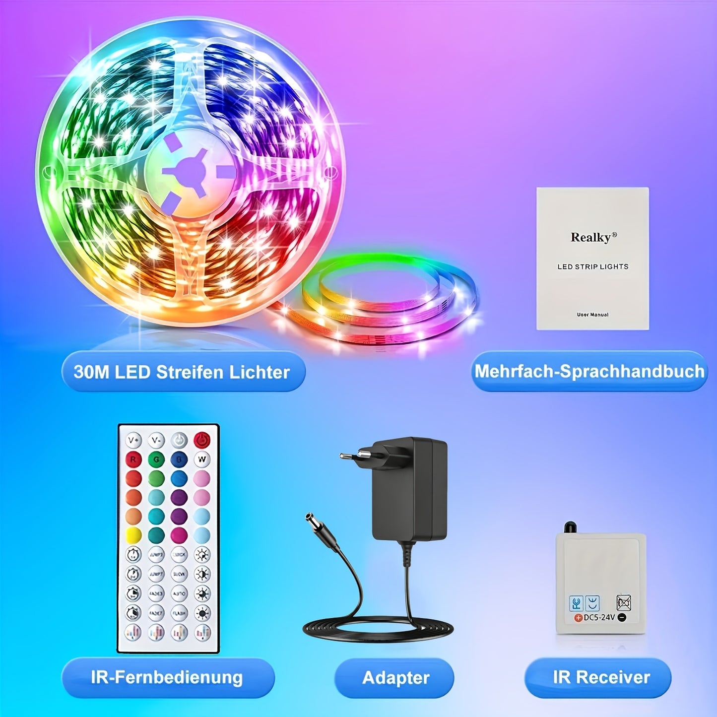10M/15M/20M/30M Smart LED Streifen Lichter mit 44-Tasten Fernbedienung, RGB Musik Sync Farbwechsel, 20 statische Farben, Mehrere einstellbare Modi, Selbstklebende Streifen Licht, Wohnmobil Dekorationslicht Einstellbare Helligkeit, für Gaming Räume
