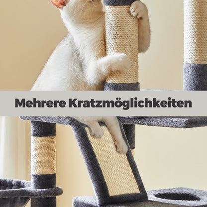 XXL Katzenklettergerüst 206 cm hoch einem Kippschutz, Kratzbaum Katzenbaum mit 13 Kratzsäulen, 2 Plattformen, 2 Höhlen, Korb, Hängematte, Plüschbälle,Stabiles Und Langlebiges ,Einfache Montage,für Wohnungskatzen die gerne klettern und hoch hinaus wollen