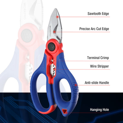 WORKPRO Elektrikerschere Kabelschere Universalschere, Multi Schere mit Abisolierzange, Multifunktions-Edelstahlschere mit Gürtelclip, 162MM, Universalschere