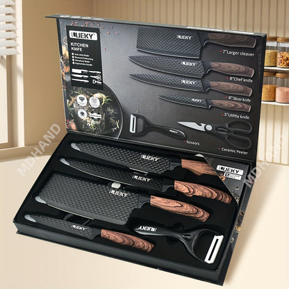 LeQi Küchenmesser - Rautenmuster - -schwarzer Griff - 6-teiliges Set im Karton, 6-teiliges Edelstahl-Messerset, Edelstahl-Küchenmesserset-Werkzeuge. Geschmiedetes Küchenmesser, Schere, Schäler, Schälmesser, Küchenset-Geschenkbox, Geeignet für: Haushaltskü