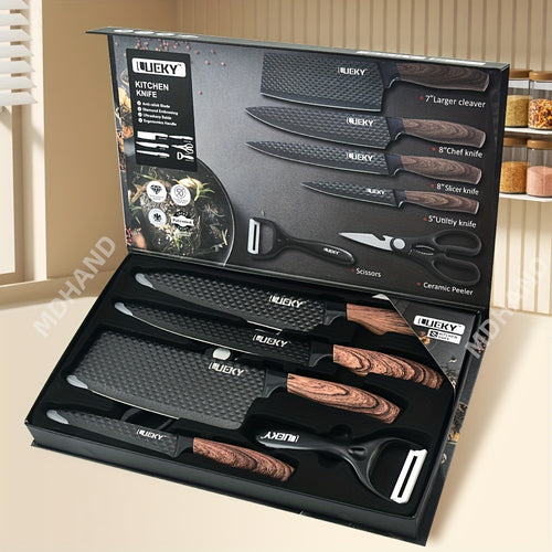LeQi Küchenmesser - Rautenmuster - -schwarzer Griff - 6-teiliges Set im Karton, 6-teiliges Edelstahl-Messerset, Edelstahl-Küchenmesserset-Werkzeuge. Geschmiedetes Küchenmesser, Schere, Schäler, Schälmesser, Küchenset-Geschenkbox, Geeignet für: Haushaltskü