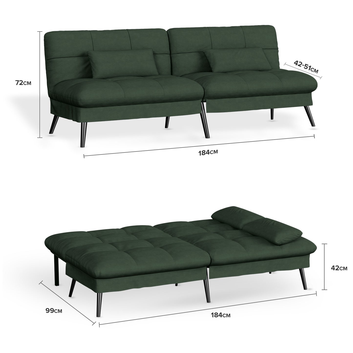 Sofa Schlafsofa mit Schlaffunktion, überzug Futon Klappsofa, Bettcouch, ecksofa, Couch Gästebett, 3-Sitzer Sofa, mit verstellbare Rückenlehne aus Stoff