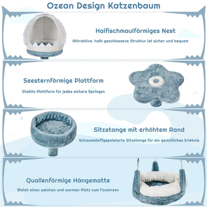 Costoffs Meer-Kratzbaum Maritimer Katzenkratzbaum Ozean-Design Katzenbaum mit Haifischmaul-Plattform Hängematte Sisalseil